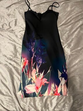 bebe Black Mini Slip Dress with Pink & Purple Floral Print